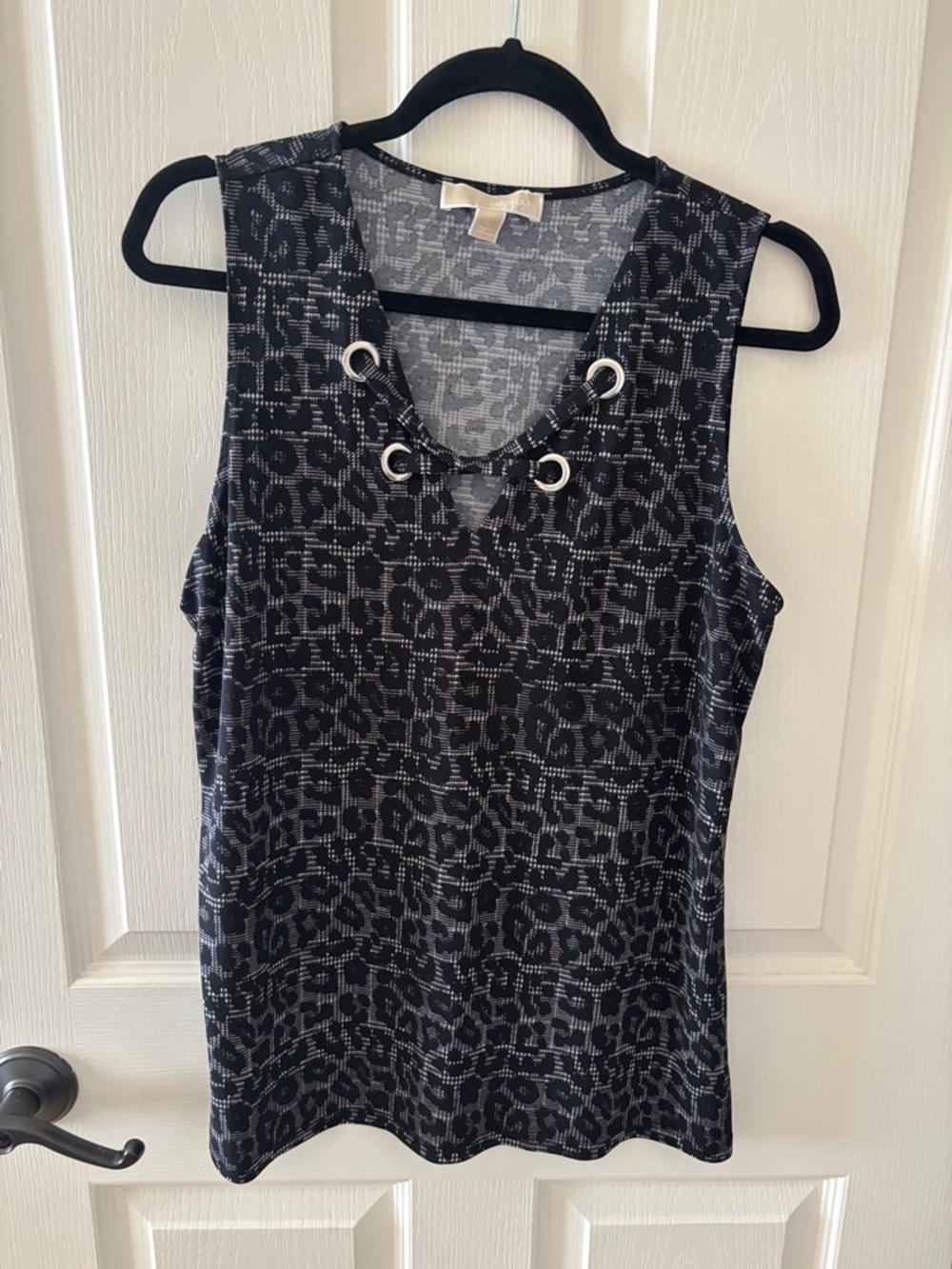 Michael Kors Black & Gray Patterned V-Neck Tank with Grommet Detail